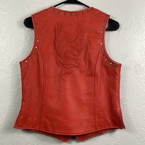 Harley Davidson Red Orange Leather Vest Studded Eagle Imprint Womens Medium CL